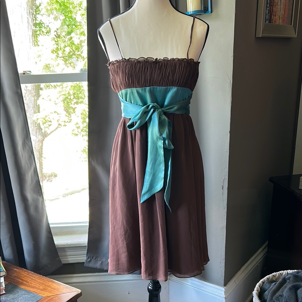 Nine West Brown and Blue Pleated Mini Sundress